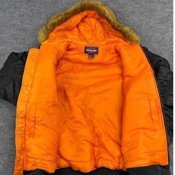 VTG Jordan Craig‎ Black Bomber Jacket Hooded Faux Fur Trim Orange Lined Mens 5XL